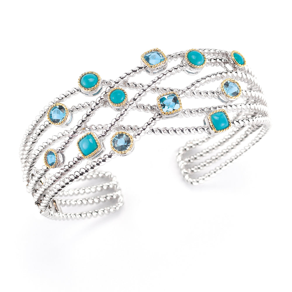 STERLING SILVER AND 14K BANGLE WITH RECON TURQUOISE AND BLUE TOPAZ STONES