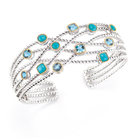 STERLING SILVER AND 14K YELLOW GOLD BANGLE WITH TURQUOISE AND BLUE TOPAZ STONES