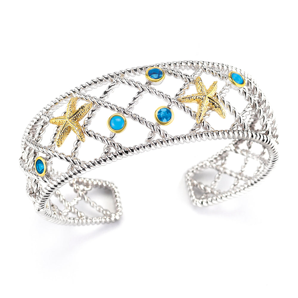 STERLING SILVER AND 14K YELLOW GOLD STARFISH AND SEMI-PRECIOUS STONES BANGLE 1" WIDE ON TOP