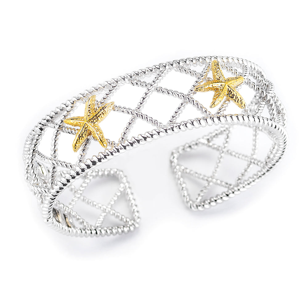 STERLING SILVER AND 14K YELLOW BANGLE WITH STARFISH 3/4" WIDE ON TOP