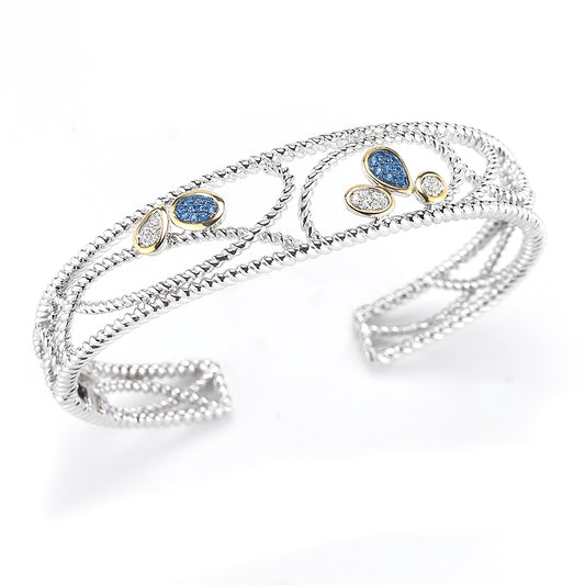 STERLING SILVER AND 14K YELLOW GOLD DIAMOND AND BLUE SAPPHIRE BANGLE 1/2" WIDE ON TOP