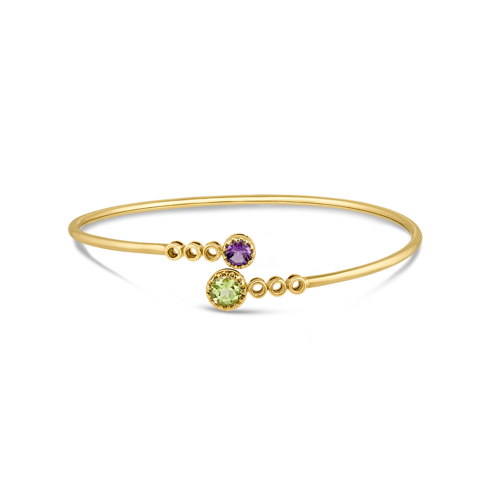 14K FLEXIBLE BANGLE WITH 1 ROUND PERIDOT 0.49CT & 1 ROUND AMETHYST 0.20CT