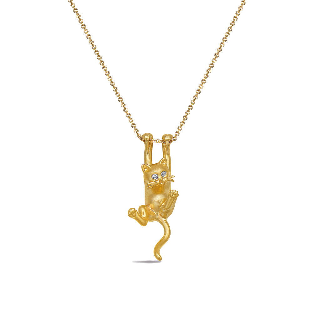 14K HANGING CAT NECKLACE WITH 2 DIAMONDS 0.015CT ON 18 INCHES CABLE CHAIN