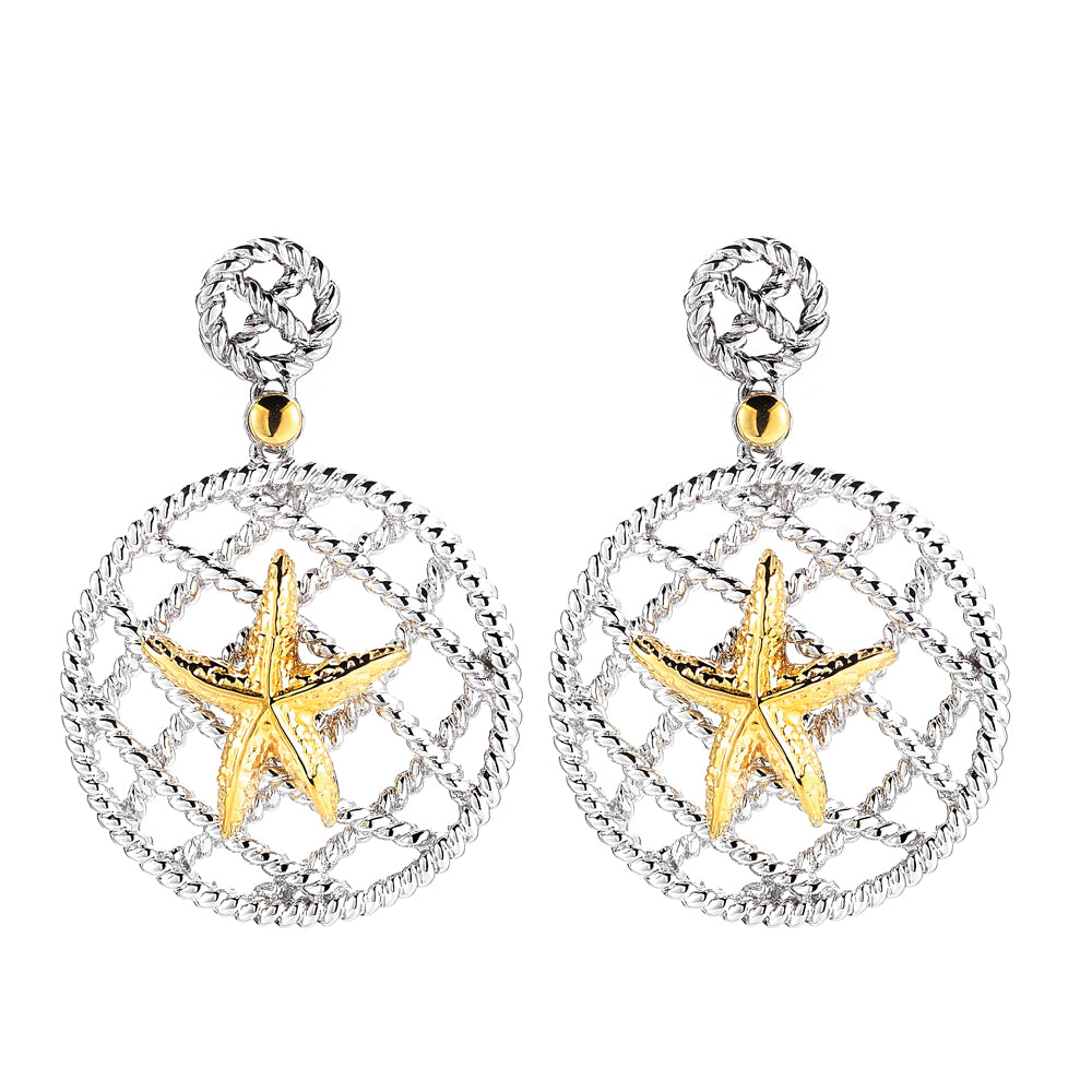 STERLING SILVER AND 14K YELLOW GOLD STARFISH EARRINGS 1 1/4" LONG, 1" DIAMETER LARGE CIRCLE