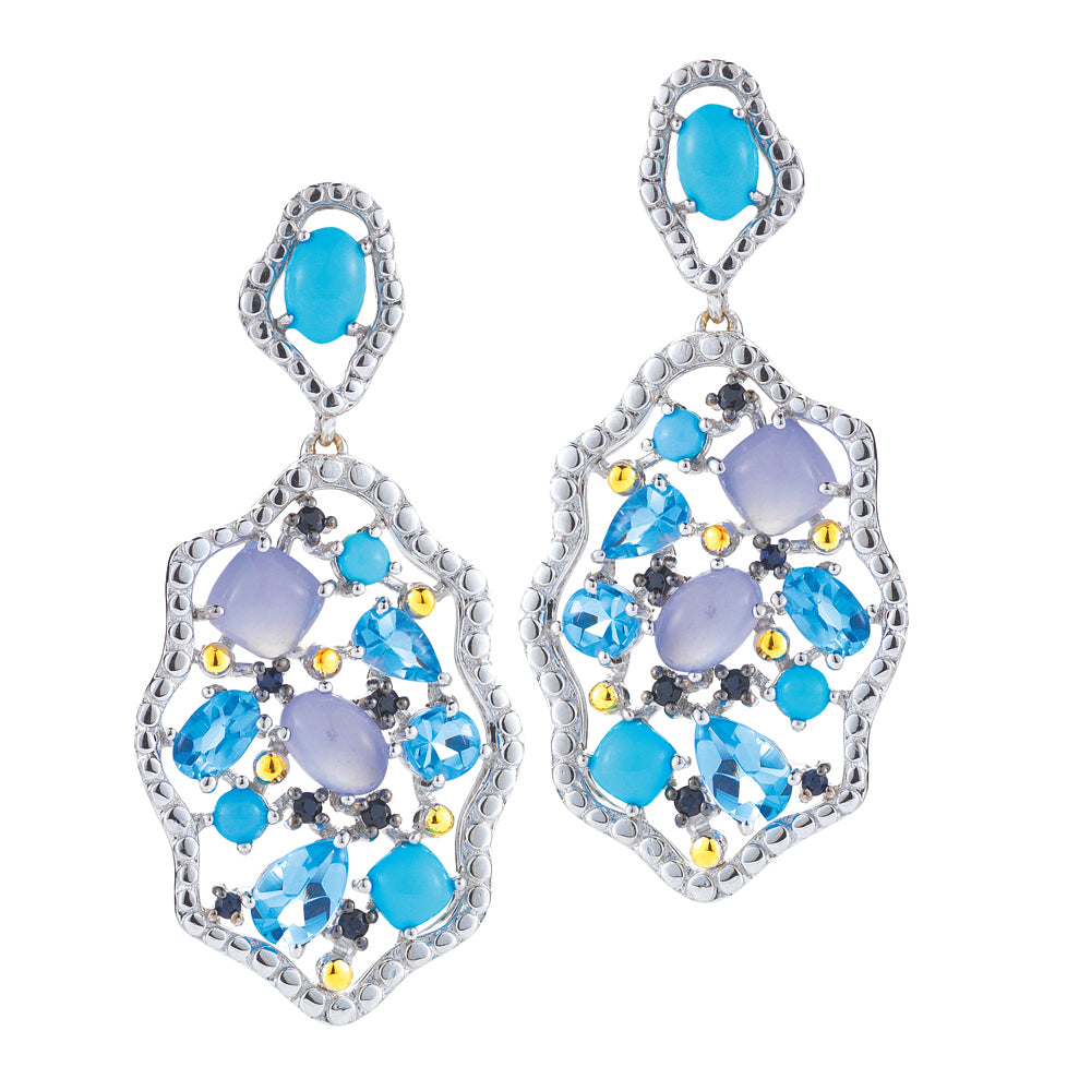 STERLING SILVER AND 14K YELLOW GOLD DROP EARRINGS WITH PRECIOUS AND SEMI-PRECIOUS STONES
