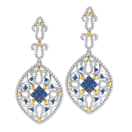 STERLING SILVER AND 14K YELLOW GOLD AND BLUE SAPPHIRE DROP EARRINGS
