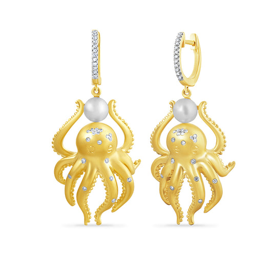 14K BEAUTIFUL OCTOPUS EARRING WITH 0.20CT DIAMONDS & 2 PEARLS