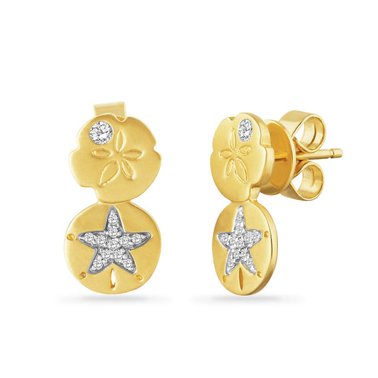 14K SAND DOLLAR EARRINGS WITH 24 DIAMONDS 0.11CT 8MM TOP SHELL X 7MM BOTTOM SHELL
