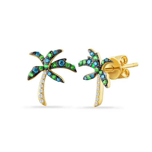 14K DAINTY PALM TREE EARRINGS WITH 14 DIAMONDS 0.05CT, 14 BLUE DIAMONDS 0.12CT & 18 GREEN GARNET 0.13CT, 17MM LONG