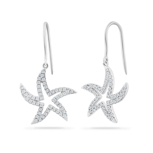 14K SMALL OPEN DANGLING STARFISH EARRINGS WITH 102 DIAMONDS 0.40CT