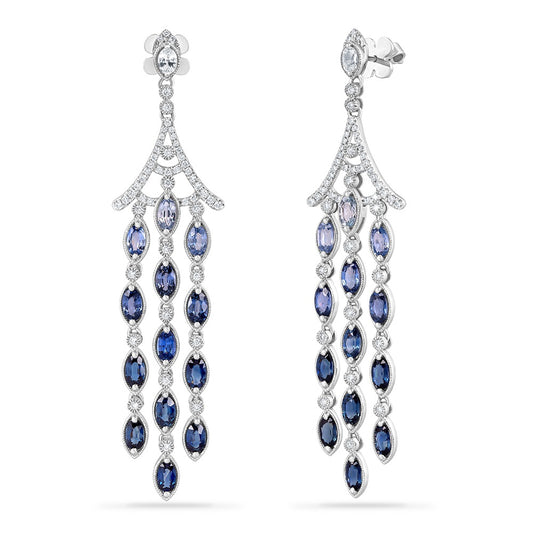 14K DROP EARRINGS WITH 102 DIAMONDS 0.77CT, 2 WHITE SAPPHIRES 0.42CT & 26 BLUE SAPPHIRES 8.09CT