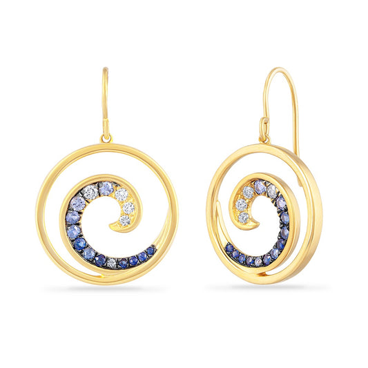 14K WAVE EARRINGS WITH 8 DIAMONDS 0.16CT & 24 SAPPHIRES 0.41CT DIAMETER 19 MM, EAR CLIP 14.2MM LONG