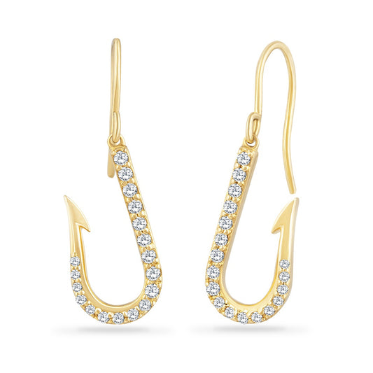 14K FISH HOOK EARRINGS WITH 36 DIAMONDS 0.30CT, HOOK 17.5MM LONG BY 8.95MM WIDE, EAR CLIP 13MM LONG
