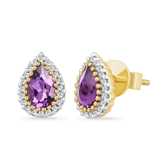 14K PEAR SHAPED AMETHYST EARRINGS WITH 40 DIAMONDS 0.14CT