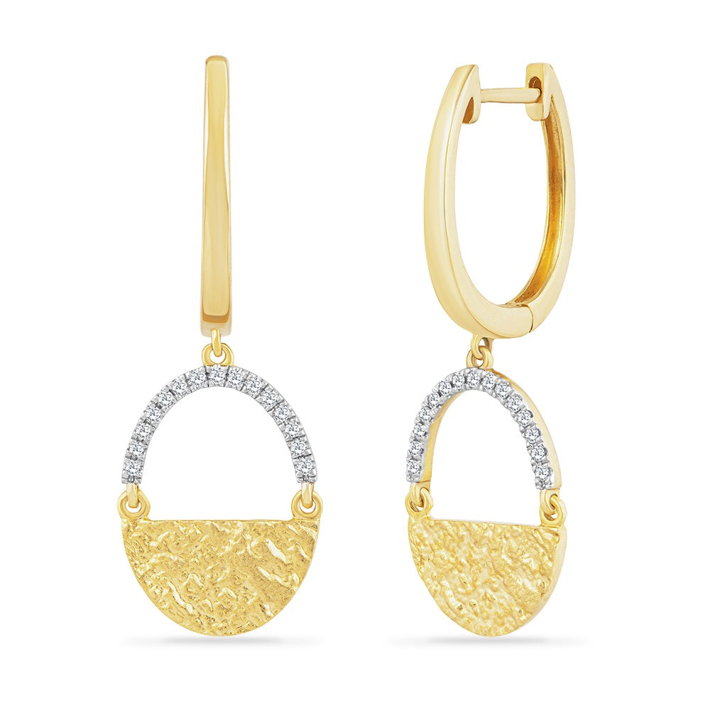 14K OVAL SHAPED DROP EARRINGS WITH 30 DIAMONDS 0.099CT HAMMERED FINISH