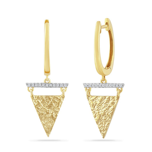 14K TRIANGLE SHAPED DROP EARRINGS WITH 22 DIAMONDS 0.075CT HAMMERED FINISH