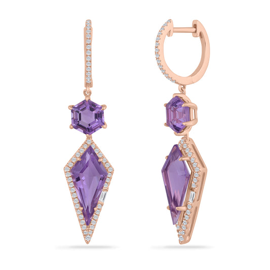 14K MULTI SHAPED EARRINGS WITH 4 AMETHYST 6.50CT, 98 ROUND DIAMONDS 0.40CT  & 2 BAGUETTE DIAMONDS 0.045CT