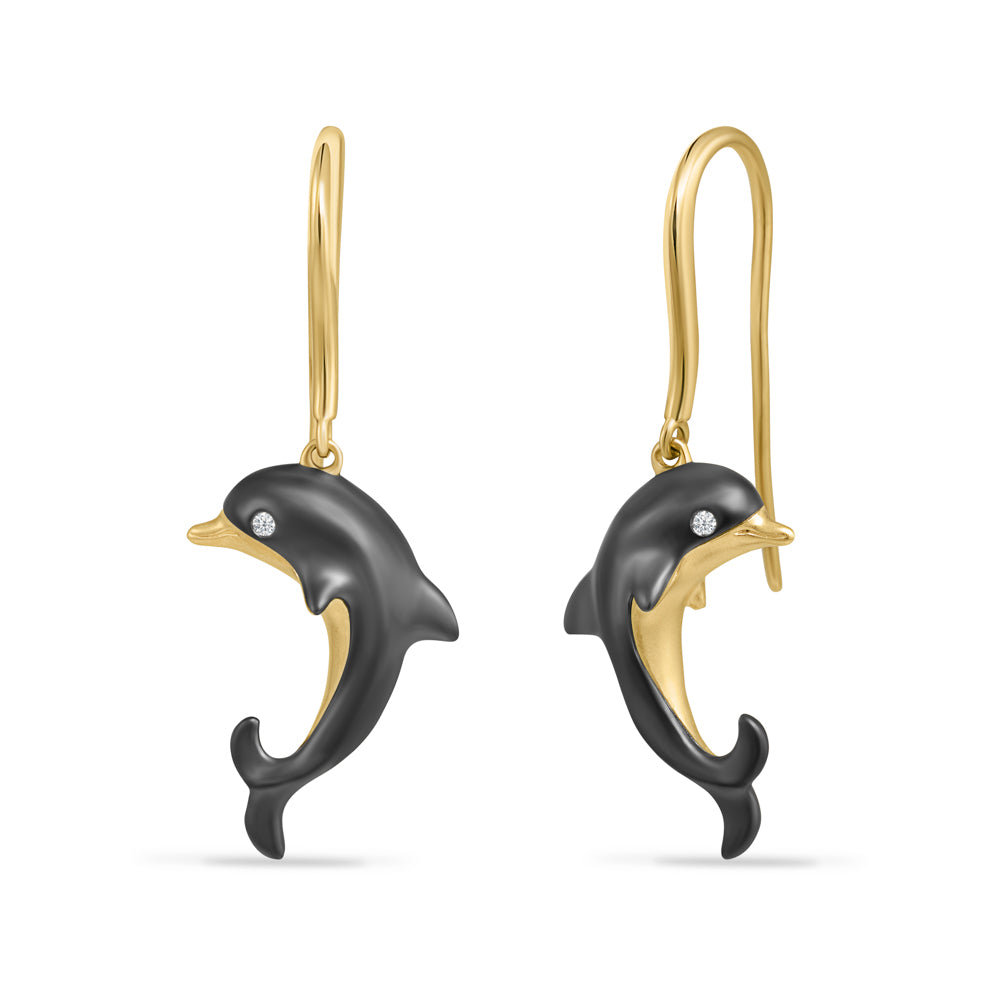 14K DOLPHIN EARRINGS IN BLACK RHODIUM FINISH WITH 2 DIAMONDS 0.013 CT,