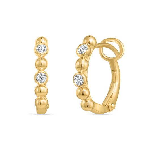 14K SMALL GOLD HOOP EARRINGS WITH 4 DIAMONDS 0.12CT, 14MM.