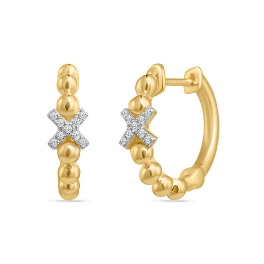 14K SMALL X HOOP WITH 18 DIAMONDS 0.06CT, 14MM DIAMETER