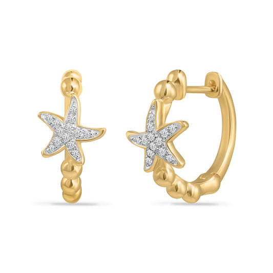 14K SMALL DIAMOND STARFISH HOOP EARRINGS WITH 26 DIAMONDS 0.08CT, 14MM DIAMETER