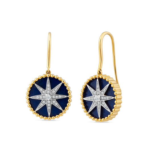 14K  LAPIS COMPASS ROSE 16MM ROUND EARRINGS ON WIRE BACKS. SET WITH DIAMONDS  0.15CT