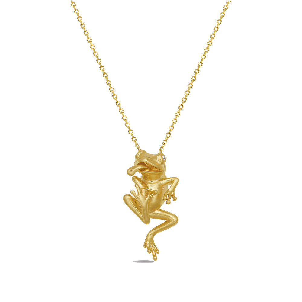 14K FROG SUSPENDED ON 18 INCHES CABLE CHAIN AND SET WITH  DIAMOND EYES 0.01CT