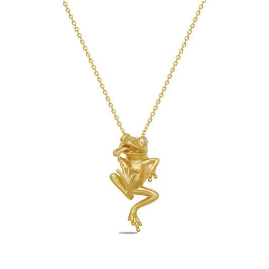 14K FROG SUSPENDED ON 18 INCHES CABLE CHAIN AND SET WITH  DIAMOND EYES 0.01CT