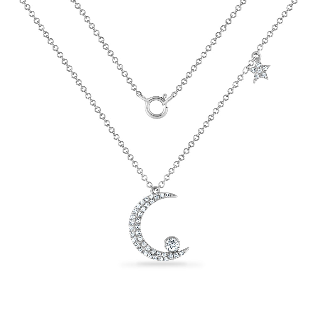 14K CRESCENT MOON NECKLACE WITH 43 DIAMONDS 0.18CT, 18MM LONG