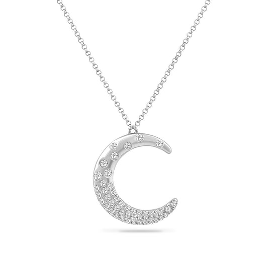 14K CRESCENT MOON PENDANT SET WITH 49 DIAMONDS 0.43CT SUSPENDED ON 18 INCHES CHAIN