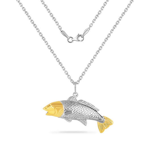 14K YELLOW  & STERLING SILVER FISH PENDANT ON 18 INCHES SILVER CHAIN