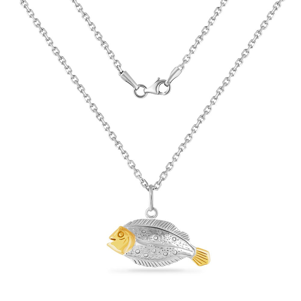 STERLING SILVER AND 14K FLOUNDER PENDANT ON 18 INCHES SILVER CHAIN