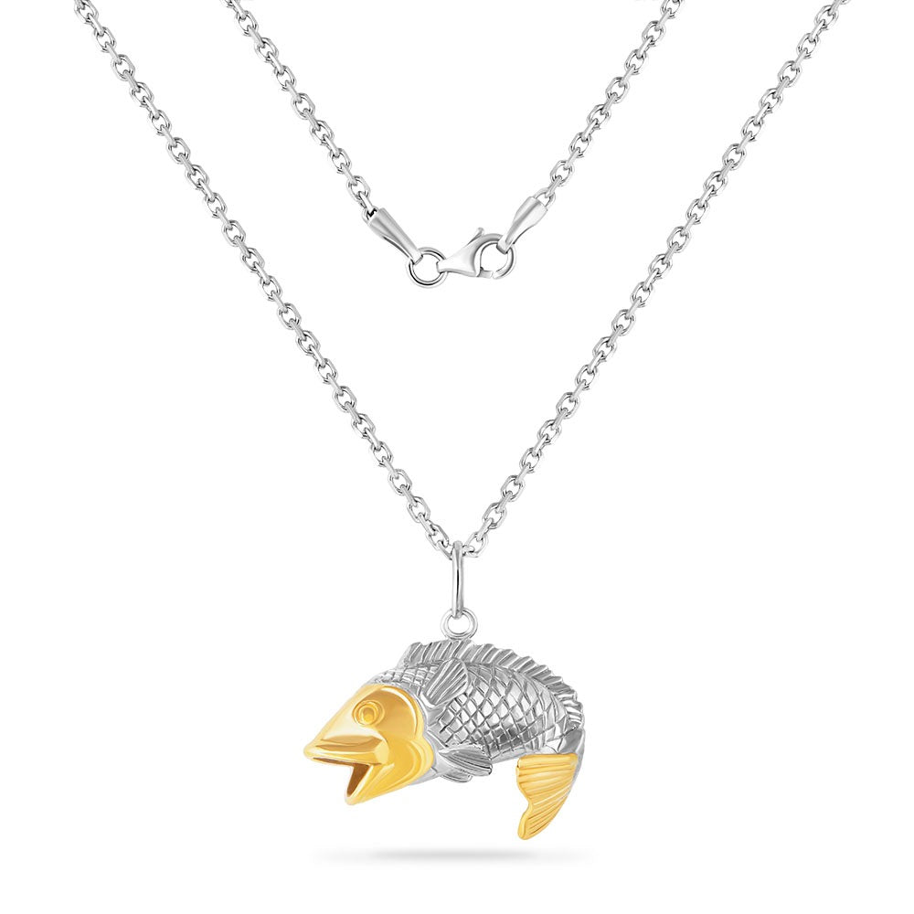 14K YELLOW  & STERLING SILVER BASS PENDANT ON 18 INCHES SILVER CHAIN