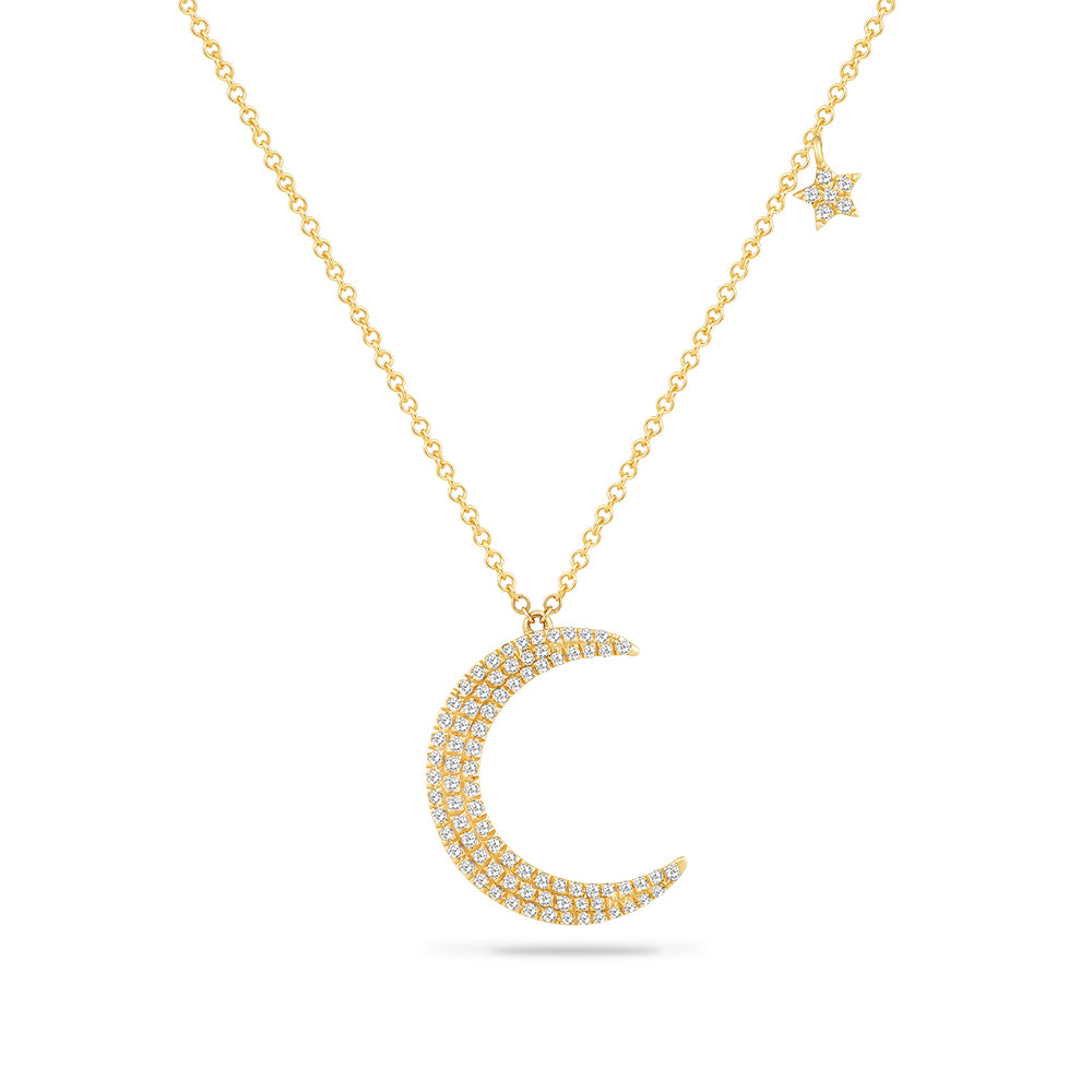 14K CRESCENT MOON PENDADNT WITH 87 DIAMONDS 0.32CT WITH SMALL STARFISH ACCENT ON 18 INCHES CHAIN