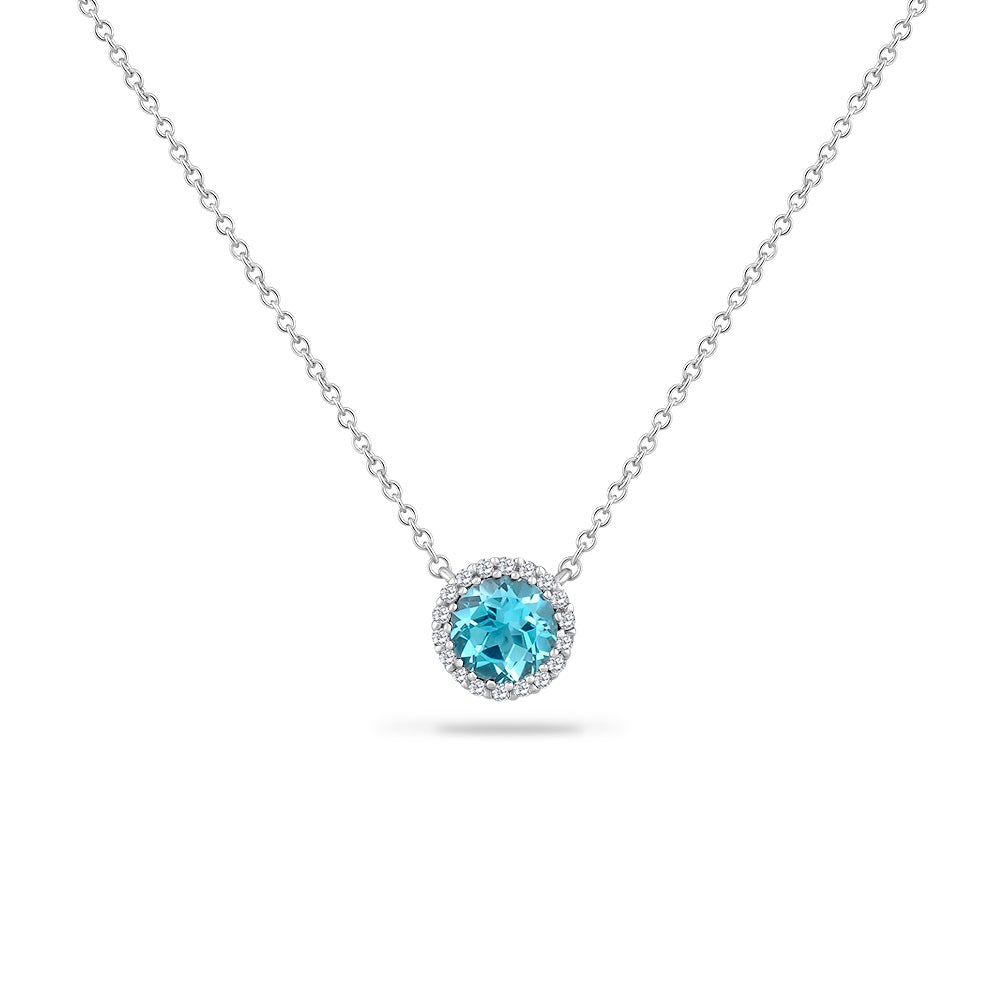 14K ROUND BLUE TOPAZ NECKLACE WITH 18 DIAMONDS 0.05CT ON 18 INCHES CHAIN