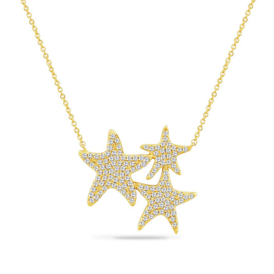 14K TRIPLE STARFISH NECKLACE WITH 131 DIAMONDS 0.57CT ON A 18 INCHES CHAIN, STARFISH 24MM BY 26MM