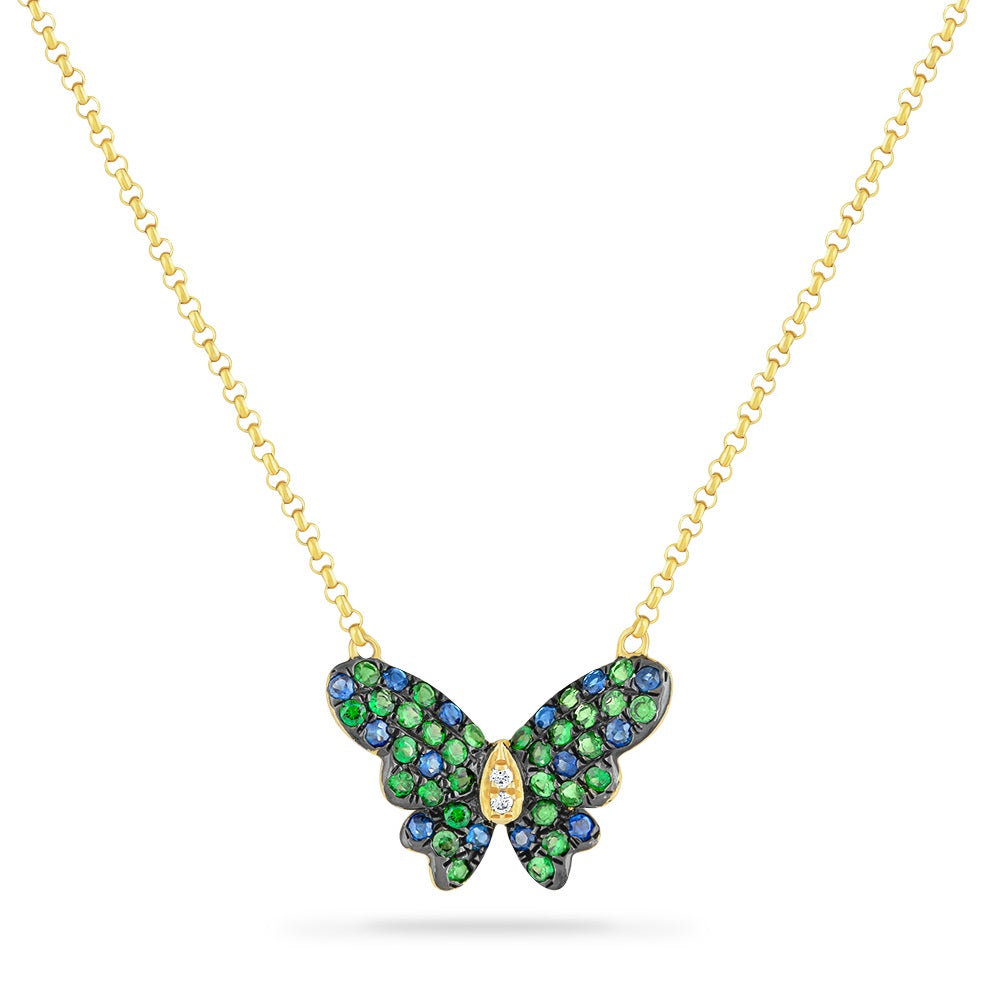 14K BUTTERFLY NECKLACE WITH 14 BLUE SAPPHIRES 0.17CT, 2 DIAMONDS 0.01CT & 30 GREEN GARNET 0.36CT 18 INCHES LENGTH