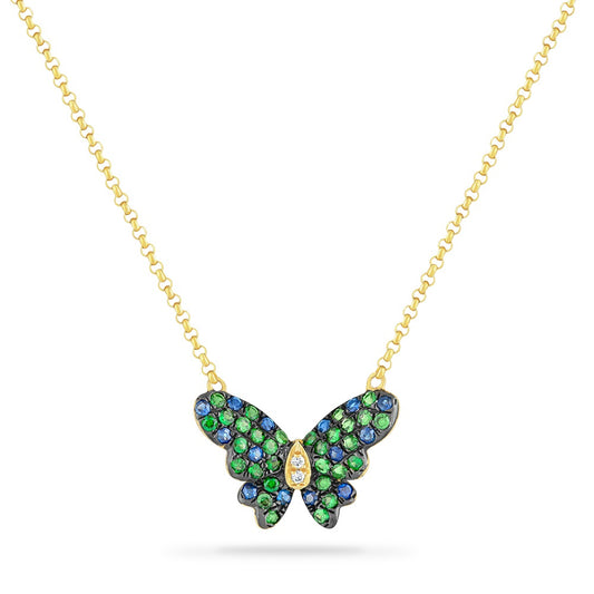 14K BUTTERFLY NECKLACE WITH 14 BLUE SAPPHIRES 0.17CT, 2 DIAMONDS 0.01CT & 30 GREEN GARNET 0.36CT 18 INCHES CABLE CHAIN