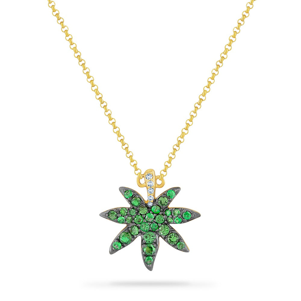14K LEAF PENDANT WITH 5 DIAMONDS 0.03CT & 30 GREEN GARNETS 0.63CT ON 18 INCHES CABLE CHAIN