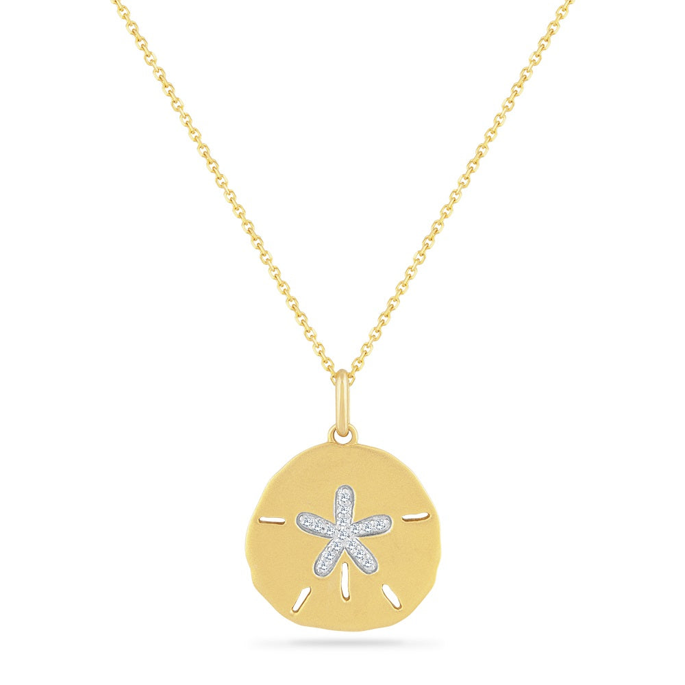 14K SAND DOLLAR PENDANT WITH 16 DIAMONDS 0.085CT ON 18 INCHES CHAIN, 25MM BY 18.5MM