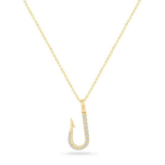 14K FISH HOOK NECKLACE WITH 17 DIAMONDS 0.14CT ON 18 INCHES CHAIN, HOOK LENGTH 21MM BY 8.8MM WIDTH