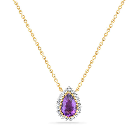 14K PEAR SHAPED PENDANT WITH 20 DIAMONDS 0.066CT & AMETHYST 0.40CT ON 18 INCHES CABLE CHAIN