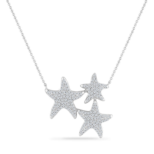 14K TRIPLE STARFISH NECKLACE WITH 159 DIAMONDS 0.68CT 18 INCHES LONG CENTER PIECE 24MM WIDE BY 26MM LONG