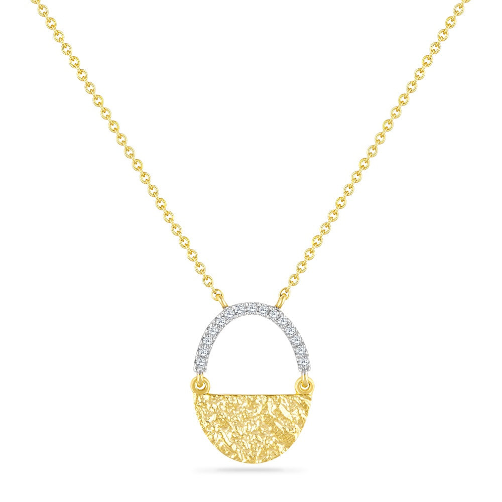 14K HAMMERED FINISH OVAL PENDANT SET WITH 15 DIAMONDS 0.05CT ON 18 INCHES LONG