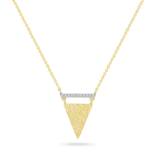 14K HAMMERED FINISH TRIANGULAR SHAPED PENDANT WITH  11 DIAMONDS 0.037CT 18 INCHES LONG