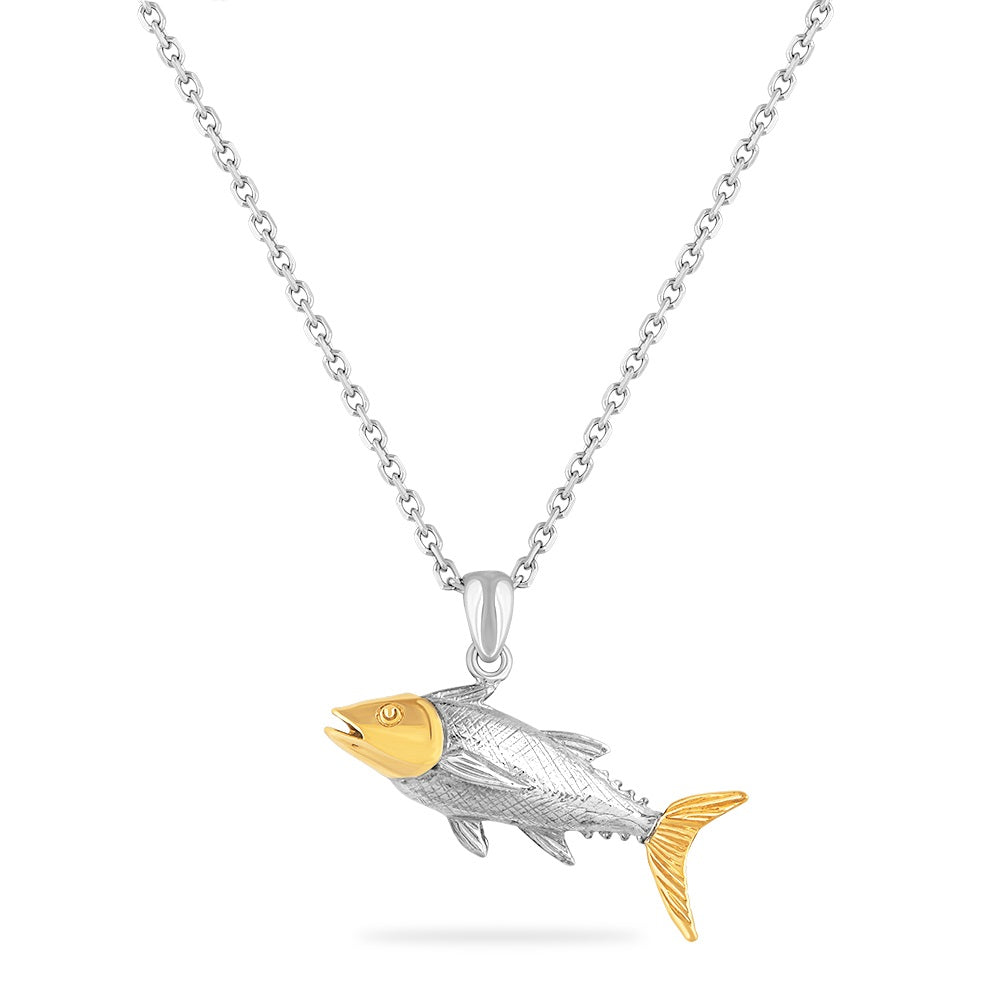 STERLING SILVER AND 14K TUNA FISH PENDANT ON 18 INCHES SILVER CHAIN