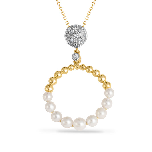 GOLD, DIAMOND AND PEARL ROUND PENDANT 18 inches chain