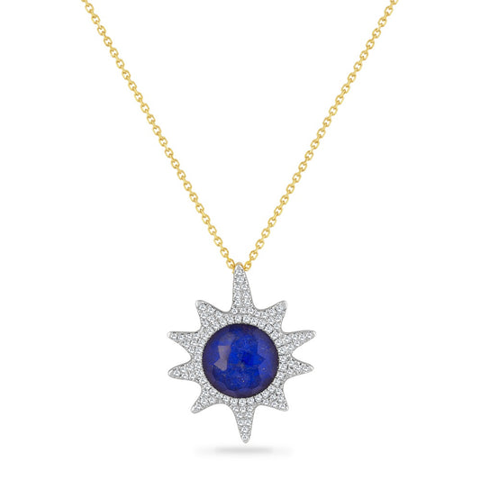 14K SUN DOUBLET PENDANT IN FLAT LAPIS AND CLEAR QUARTZ ON TOP WITH 98 DIAMONDS 0.40CT ON 18 INCHES CABLE CHAIN