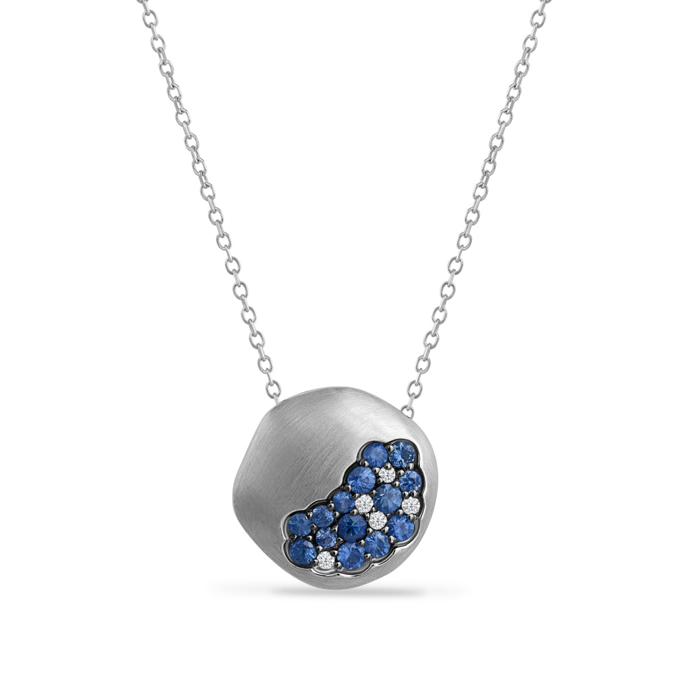 14K FREE FORM PENDANT WITH 14 BLUE SAPPHIRES 0.45CT & 5 DIAMONDS 0.05CT ON 18 INCHES CABLE CHAIN