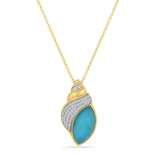 14K SHELL PENDANT WITH DOUBLET RECON TURQUOISE WITH CLEAR QUARTZ ON TOP AND 55 DIAMONDS 0.24CTON 18 INCHES CABLE CHAIN